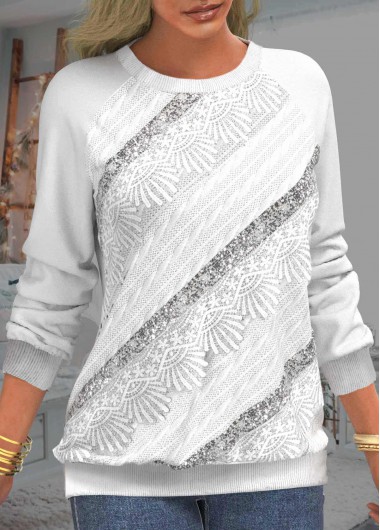 White tops,Plain Color tops,ROTITA White Sequin Long Sleeve Lace Patchwork Sweatshirt