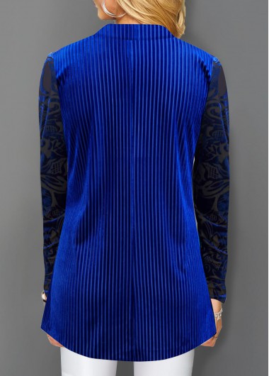 Royal Blue tops,Contrast Color tops,ROTITA Round Neck Velvet Stitching Zipper Detail T Shirt
