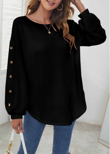 Black tops,Plain Color tops,Decorative Button Black Long Sleeve T Shirt