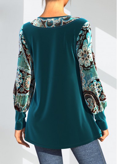 Peacock Blue tops,Tribal tops,ROTITA Velvet Stitching Peacock Blue Tribal Print T Shirt