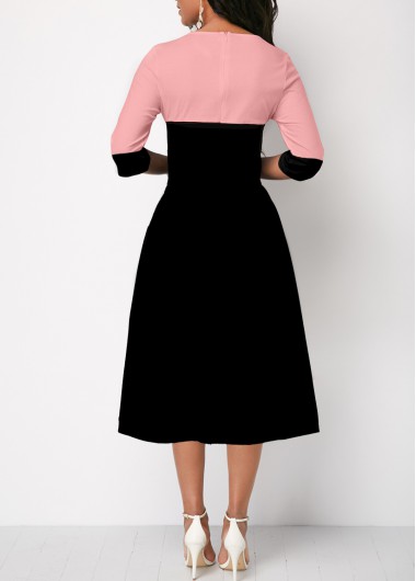 Pink dresses,Contrast Color dresses,ROTITA Faux Two Piece Pink High Waisted Round Neck Dress
