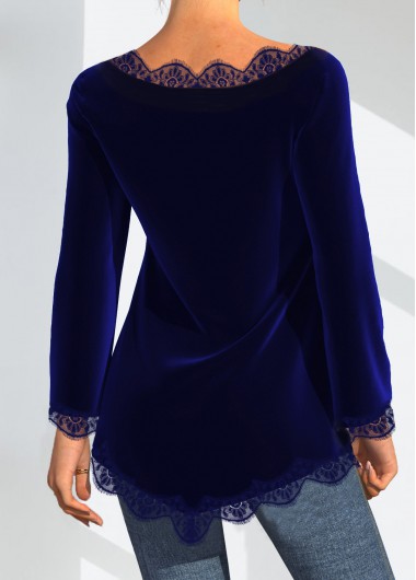 Royal Blue tops,Plain Color tops,ROTITA Lace Velvet Stitching Sequin Royal Blue T Shirt