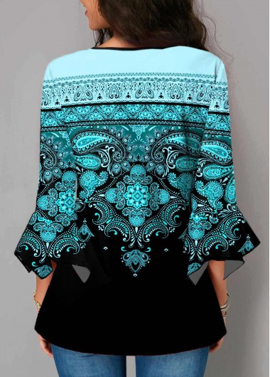 Cyan tops,Tribal tops,ROTITA Hanky Cuff Cyan Tribal Print Blouse