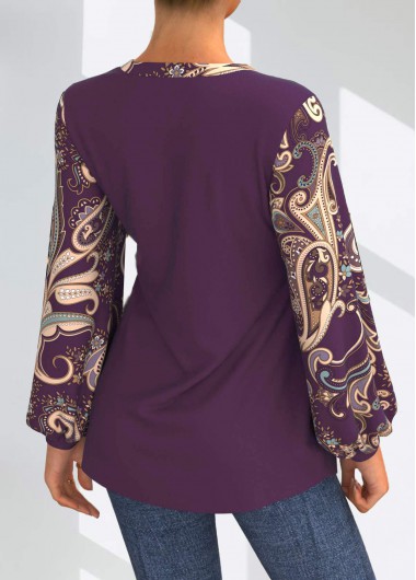 Purple tops,Paisley tops,ROTITA Paisley Print Purple Split Neck Blouse