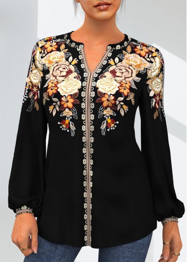 Gold tops,Tribal tops,ROTITA Tribal Print Gold Split Neck Long Sleeve Blouse