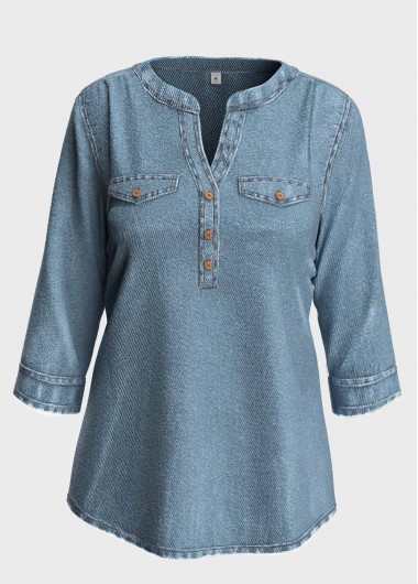 Denim Blue tops,Plain Color tops,ROTITA Split Neck Denim Blue 3/4 Sleeve Blouse