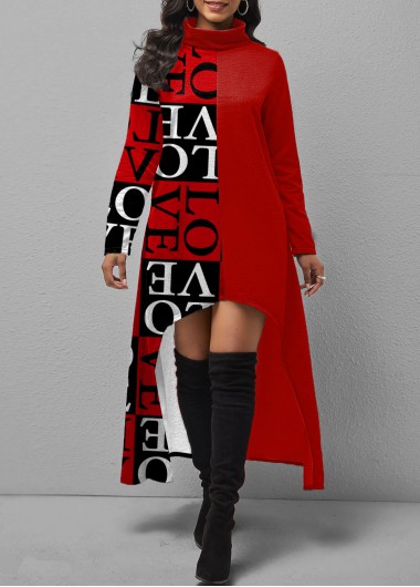 Red dresses,Letter dresses,ROTITA Turtleneck Letter Print Red Dip Hem Dress