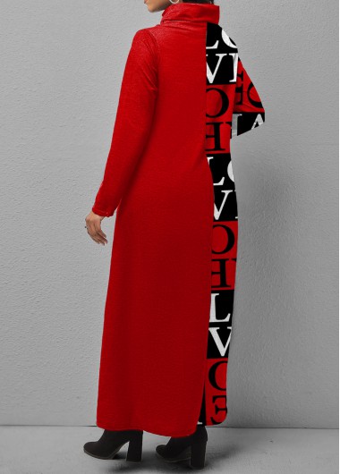 Red dresses,Letter dresses,ROTITA Turtleneck Letter Print Red Dip Hem Dress