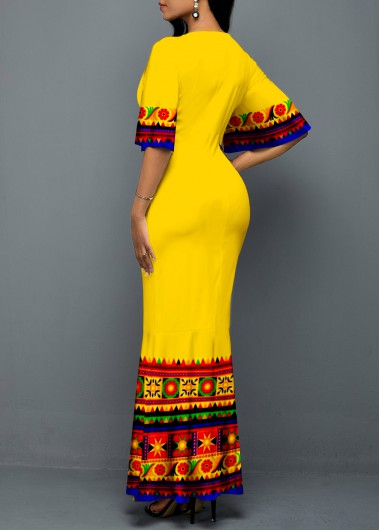 Yellow dresses,Tribal dresses,ROTITA Tribal Print V Neck Yellow Butterfly Sleeve Mermaid Dress