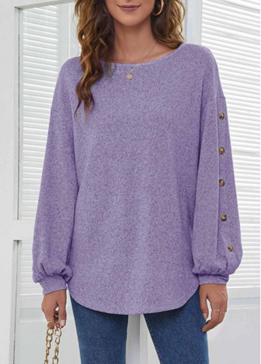 Purple tops,Plain Color tops,ROTITA Decorative Button Purple Long Sleeve T Shirt
