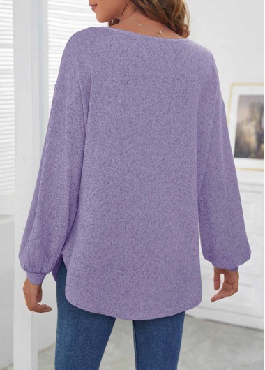 Purple tops,Plain Color tops,ROTITA Decorative Button Purple Long Sleeve T Shirt