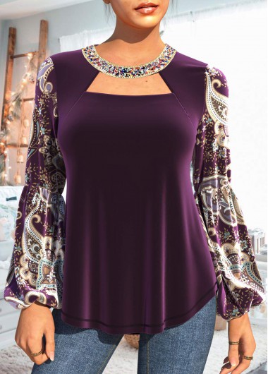 Purple tops,Paisley tops,ROTITA Paisley Print Purple Embellished Neck Velvet T Shirt