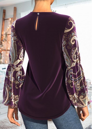 Purple tops,Paisley tops,ROTITA Paisley Print Purple Embellished Neck Velvet T Shirt