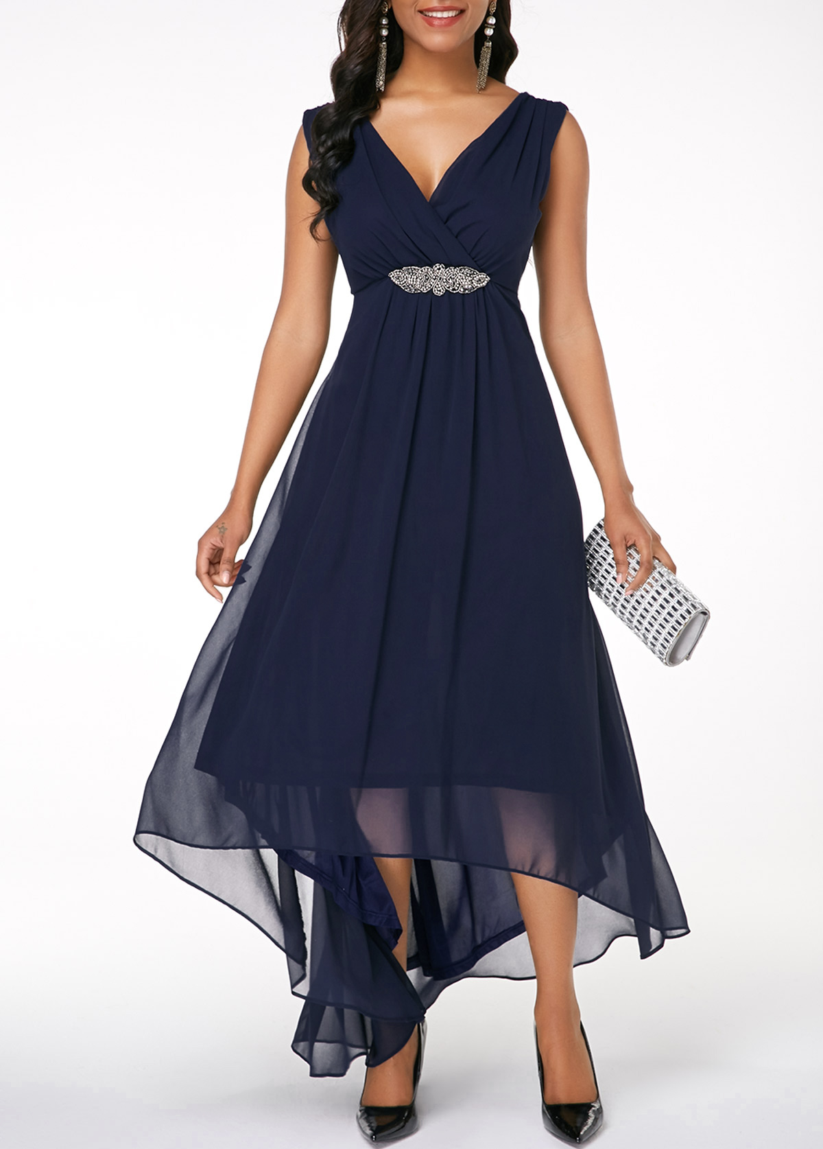 ROTITA Sleeveless High Low Navy Blue Dress