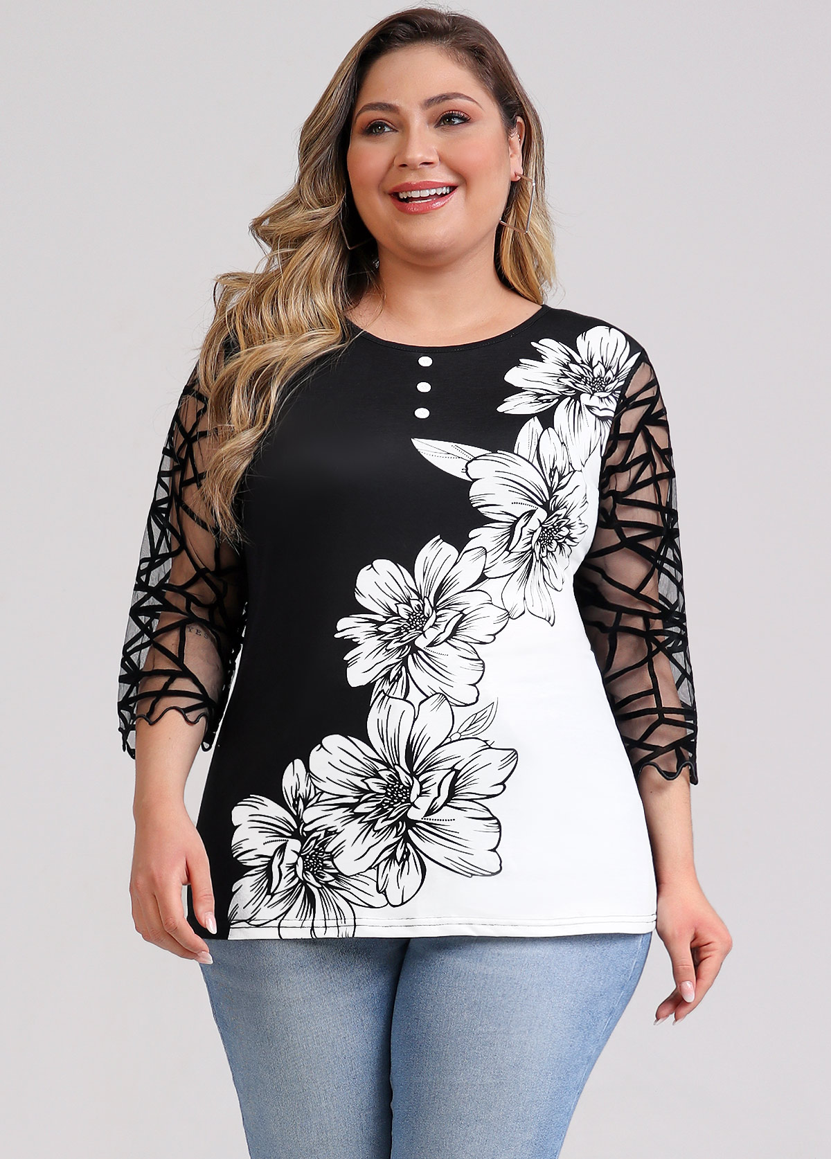 Mesh Stitching Plus Size Floral Print Black T Shirt