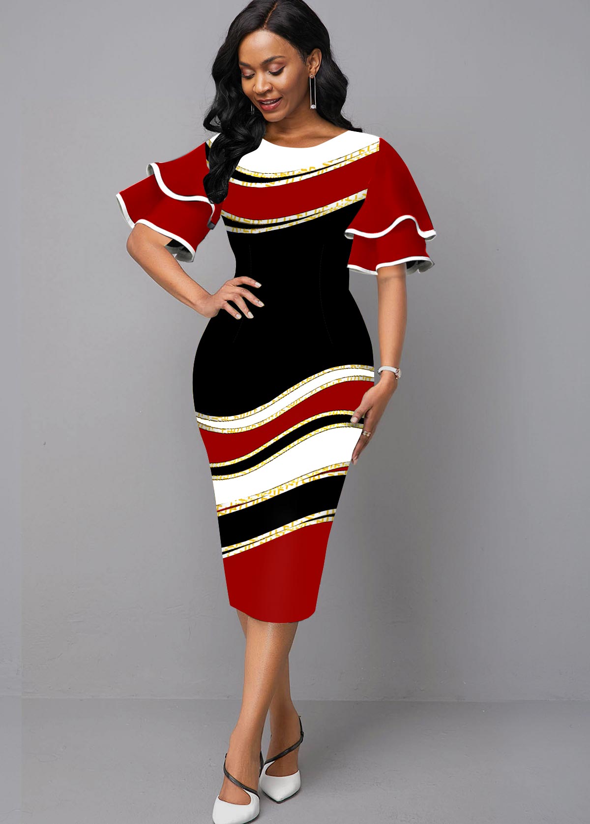 ROTITA Round Neck Ruffle Sleeve Geometric Print Dress