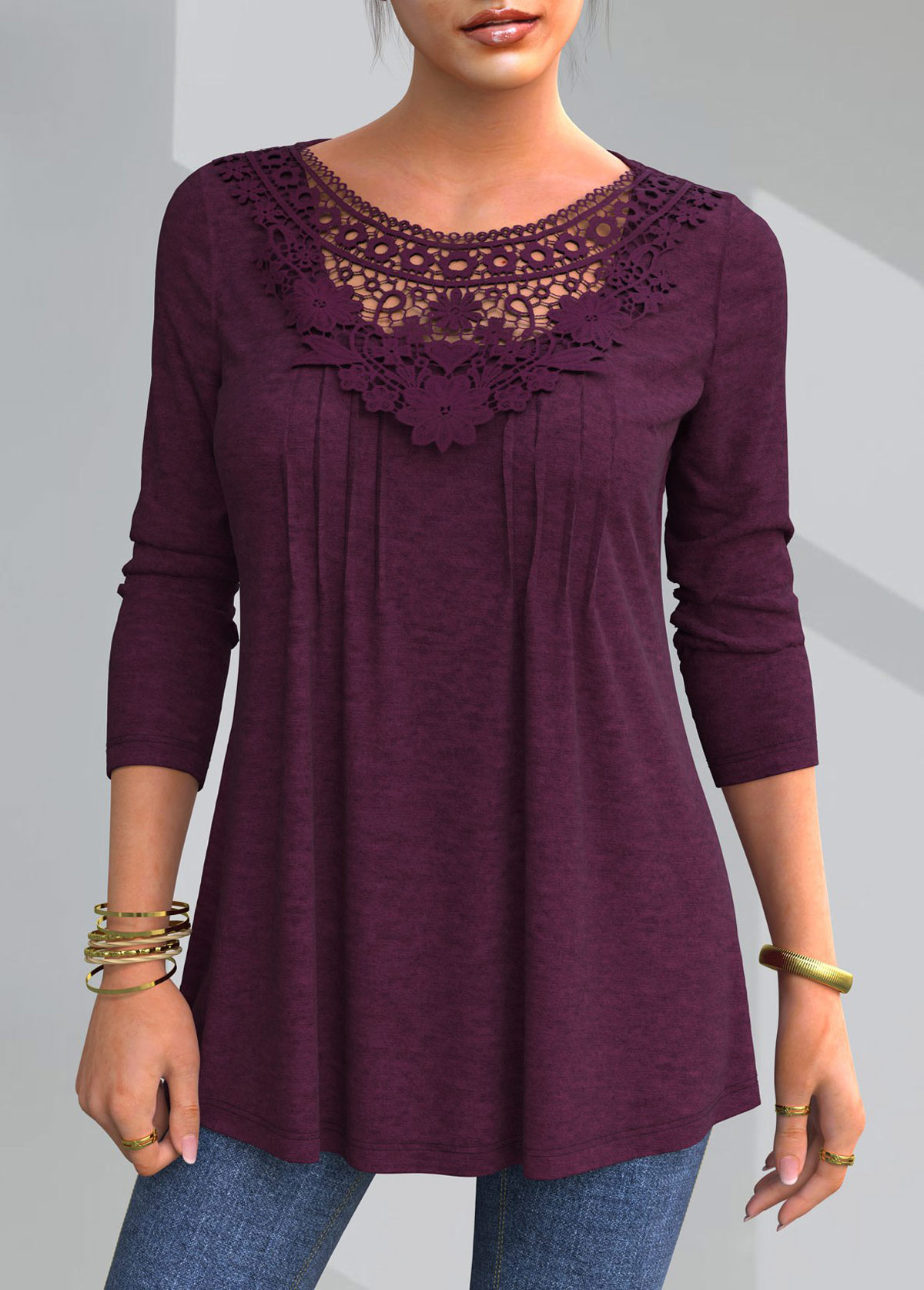 ROTITA Solid Lace Patchwork Round Neck T Shirt