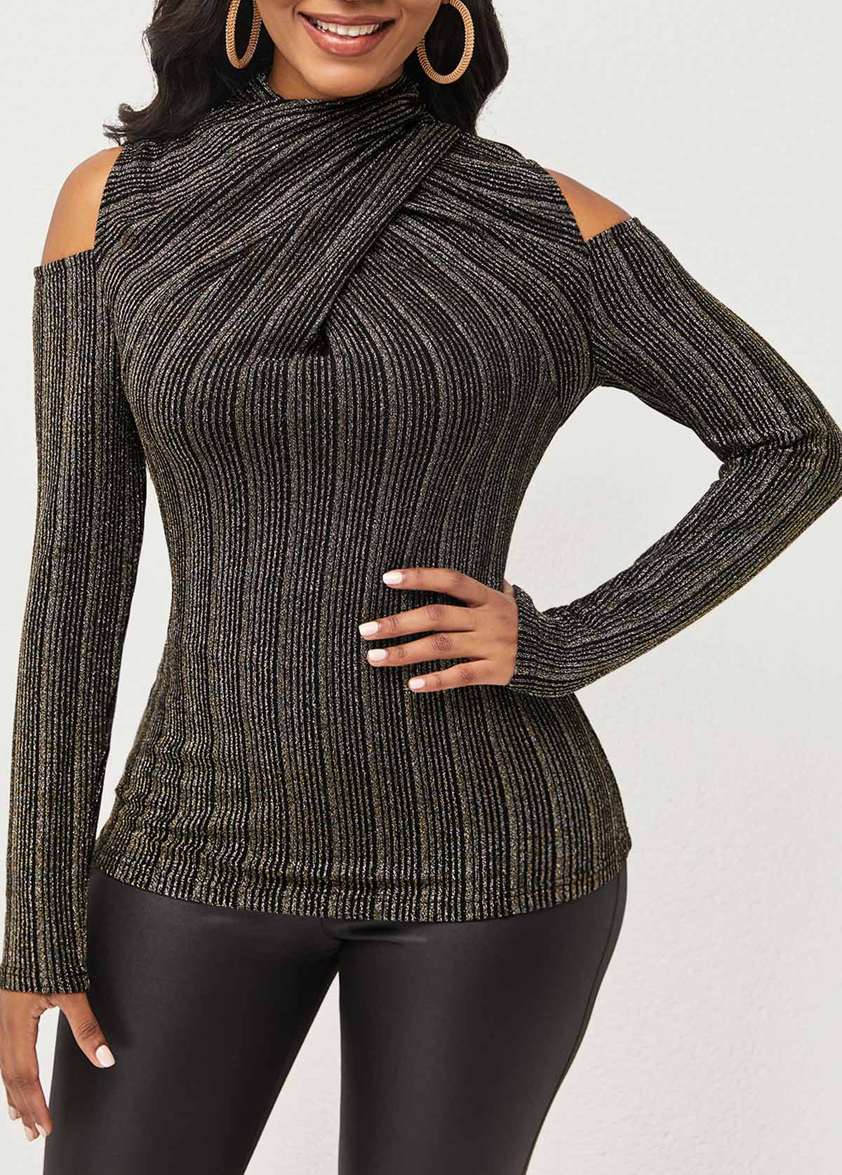 Black tops,Striped tops,ROTITA Striped Cold Shoulder Long Sleeve T Shirt