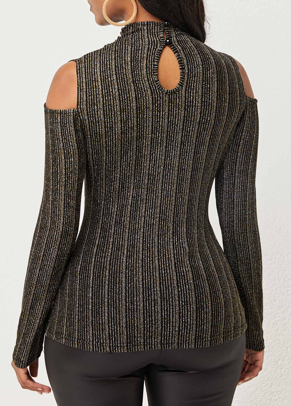 Black tops,Striped tops,ROTITA Striped Cold Shoulder Long Sleeve T Shirt