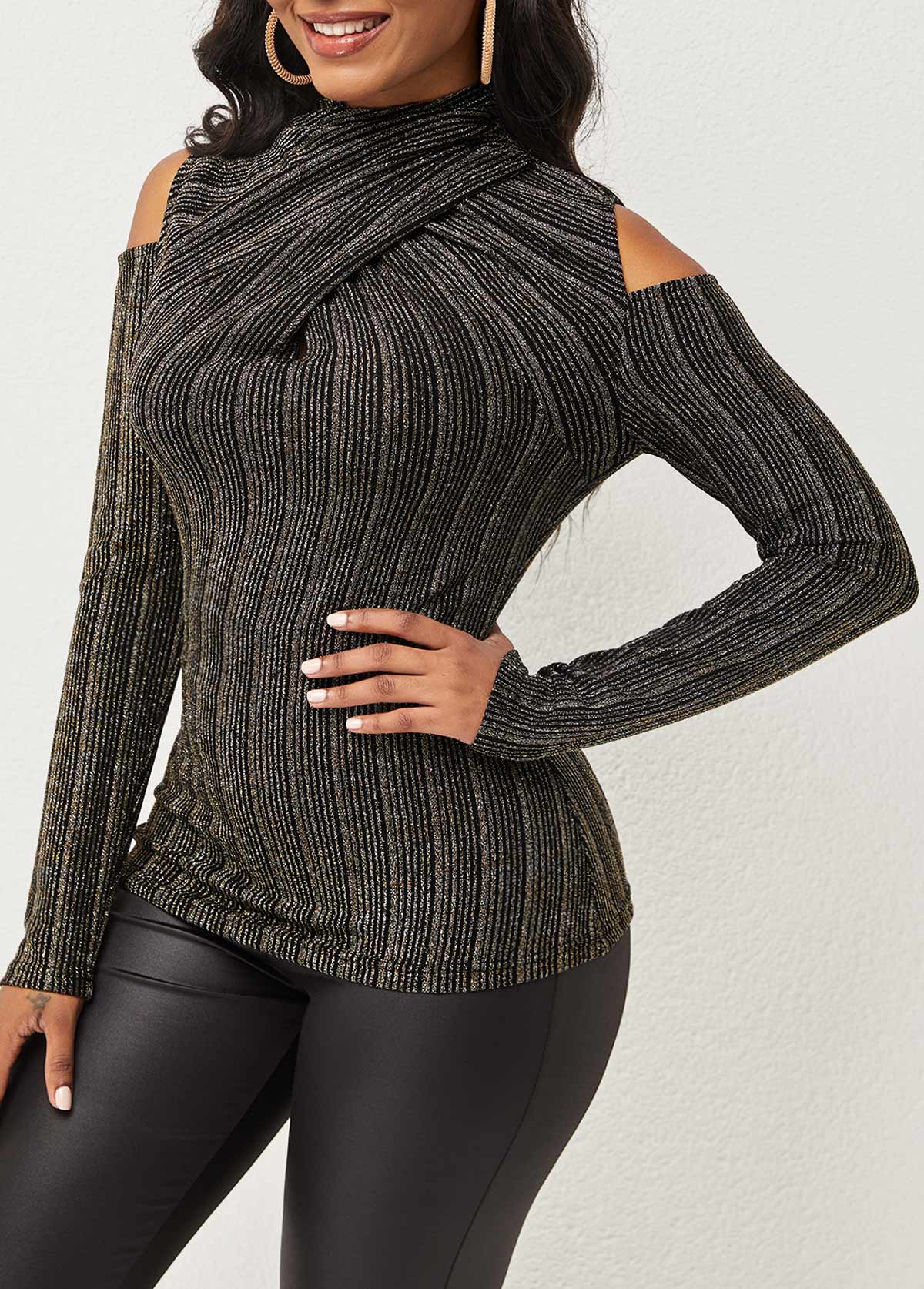 Black tops,Striped tops,ROTITA Striped Cold Shoulder Long Sleeve T Shirt