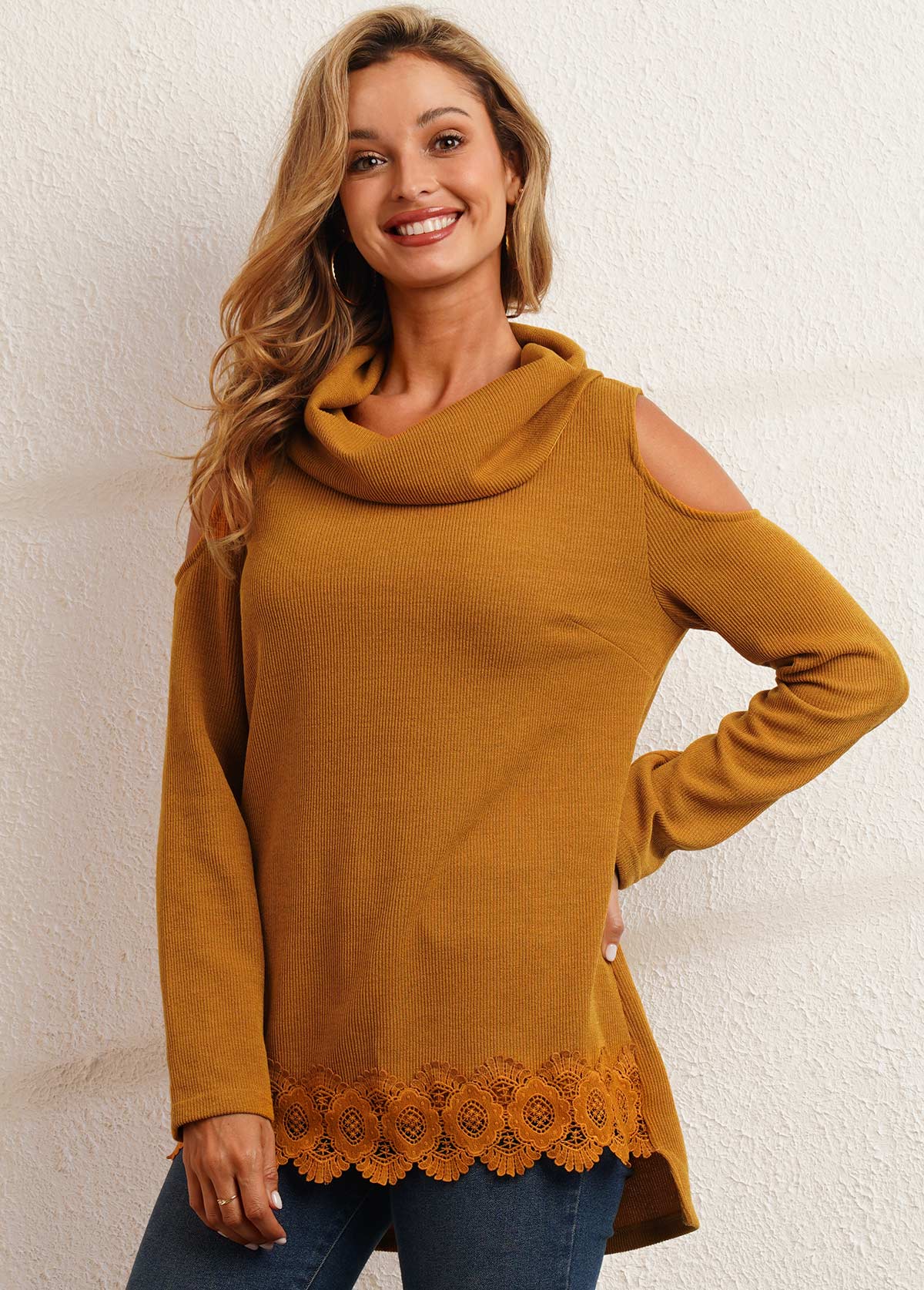 Ginger tops,Plain Color tops,ROTITA Lace Patchwork Ginger Cowl Neck Long Sleeve Sweatshirt