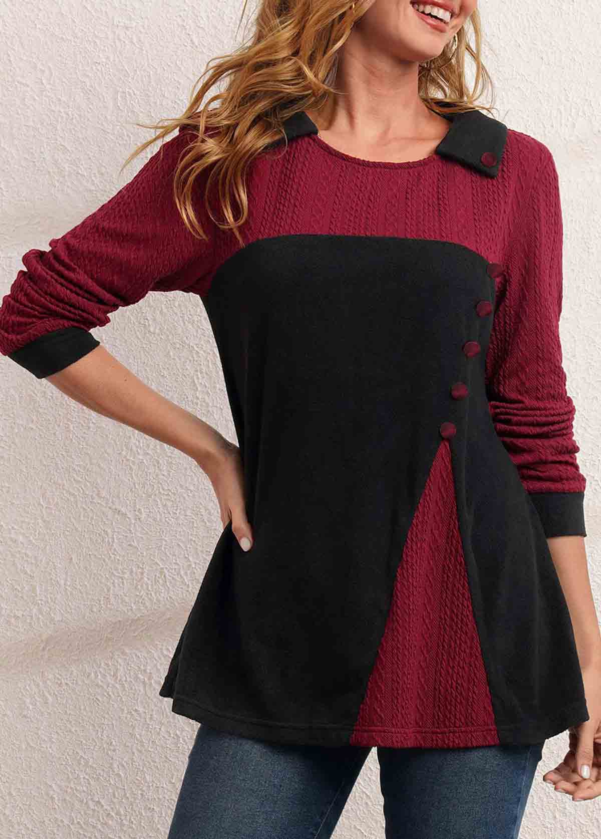 Black tops,Contrast Color tops,ROTITA Contrast Decorative Button Long Sleeve T Shirt