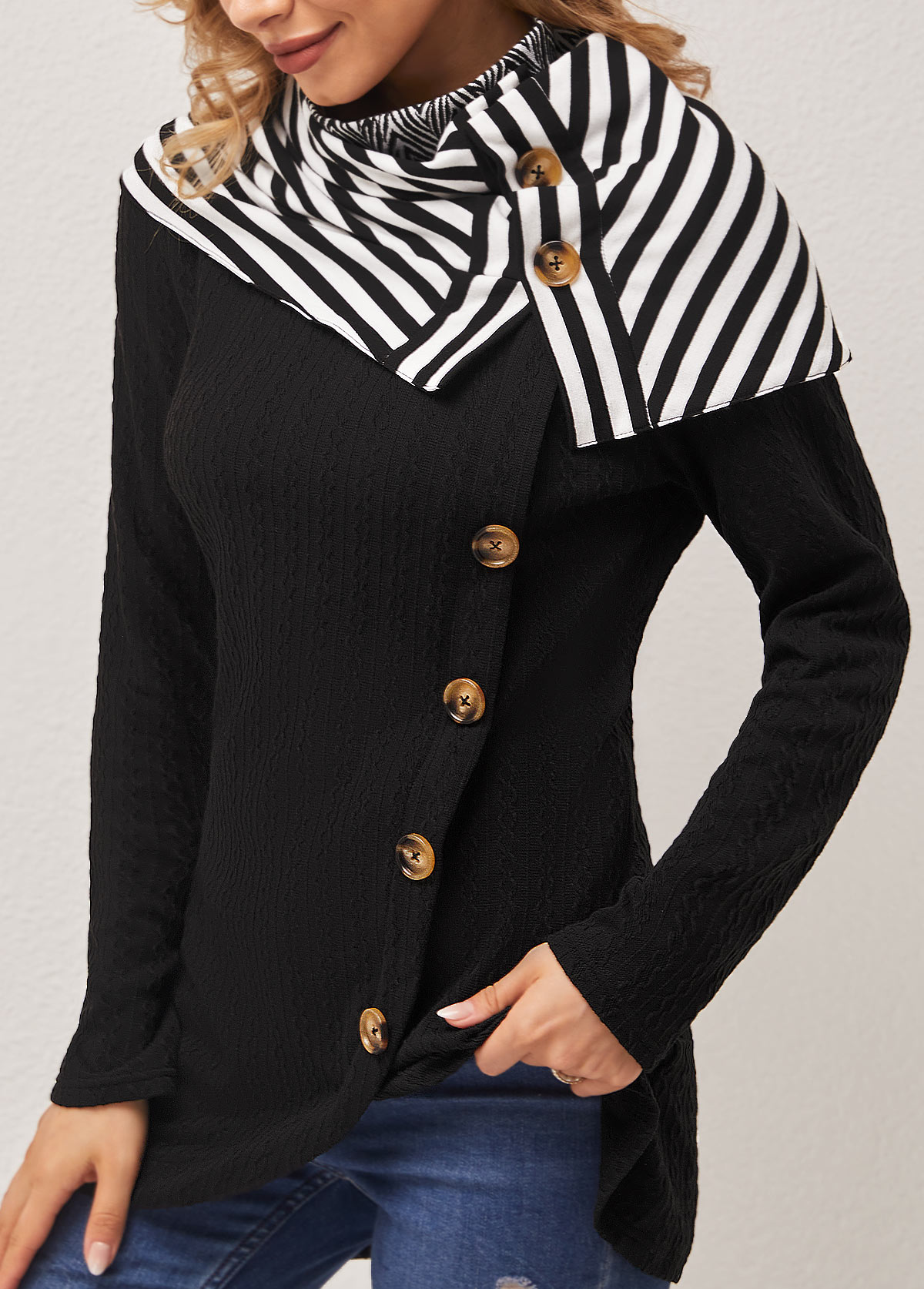 Black tops,Striped tops,ROTITA Striped Black Decorative Button Cape Sleeve Sweatshirt