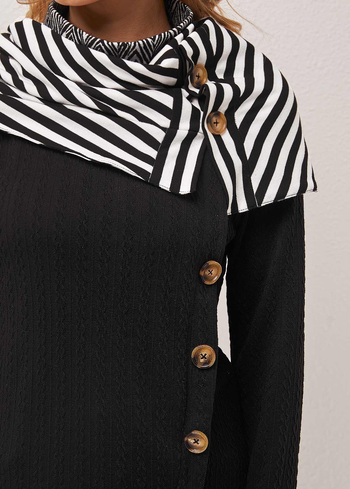 Black tops,Striped tops,ROTITA Striped Black Decorative Button Cape Sleeve Sweatshirt