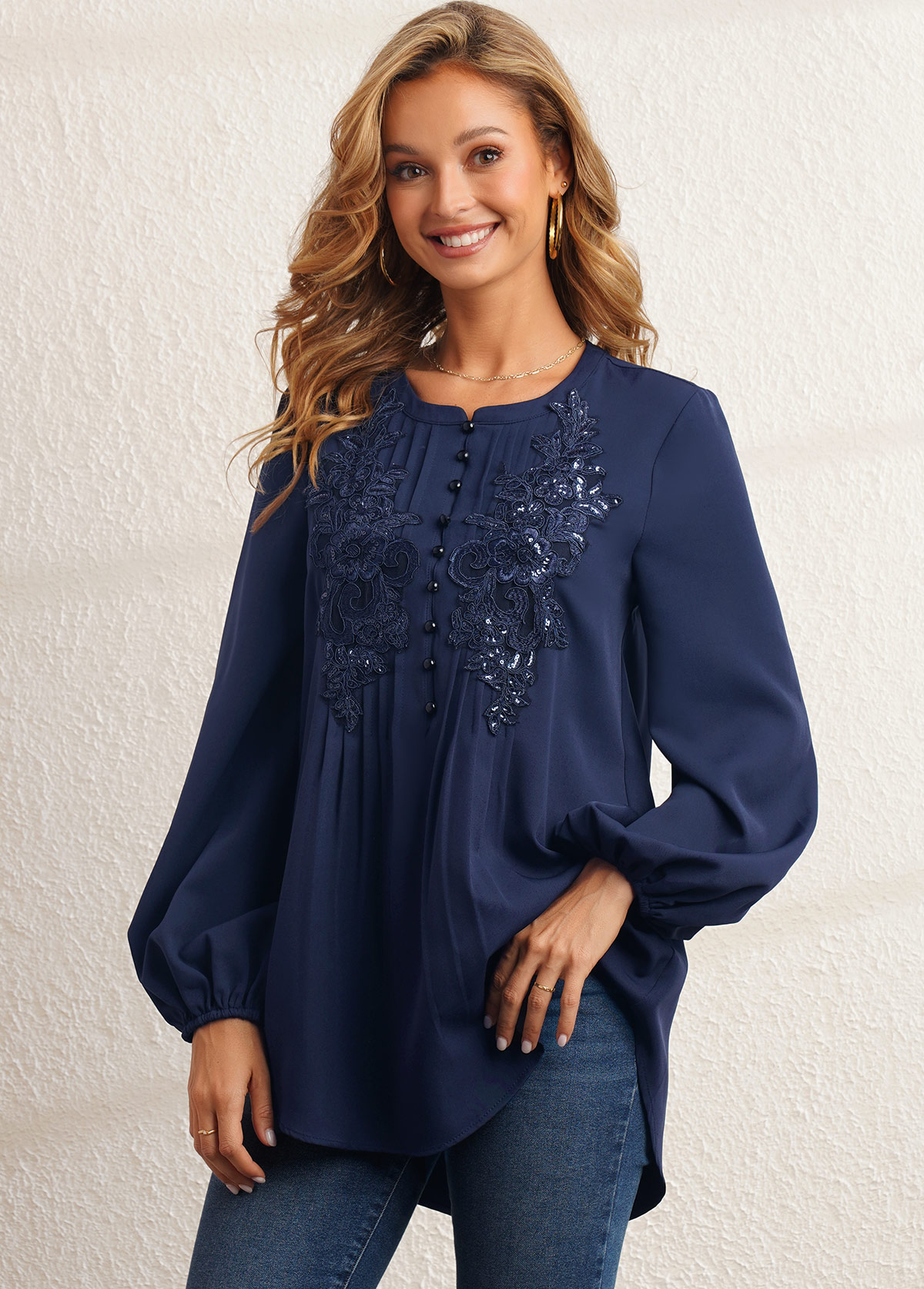 Navy tops,Plain Color tops,ROTITA Sequin Flower Applique Crinkle Chest Navy Blue Blouse