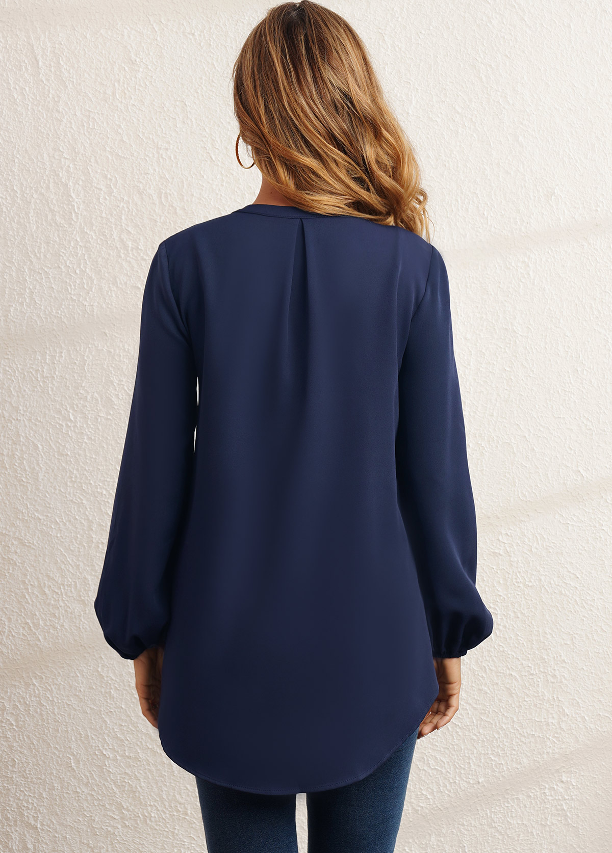 Navy tops,Plain Color tops,ROTITA Sequin Flower Applique Crinkle Chest Navy Blue Blouse