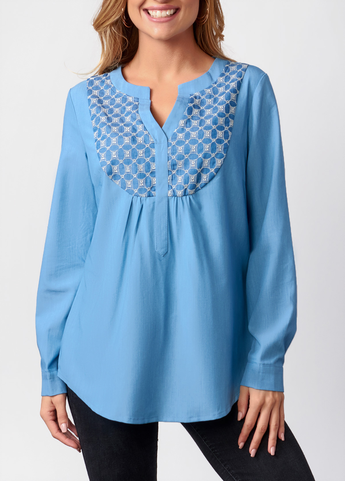 Denim Blue tops,Plain Color tops,ROTITA Split Neck Faux Denim Long Sleeve Blouse