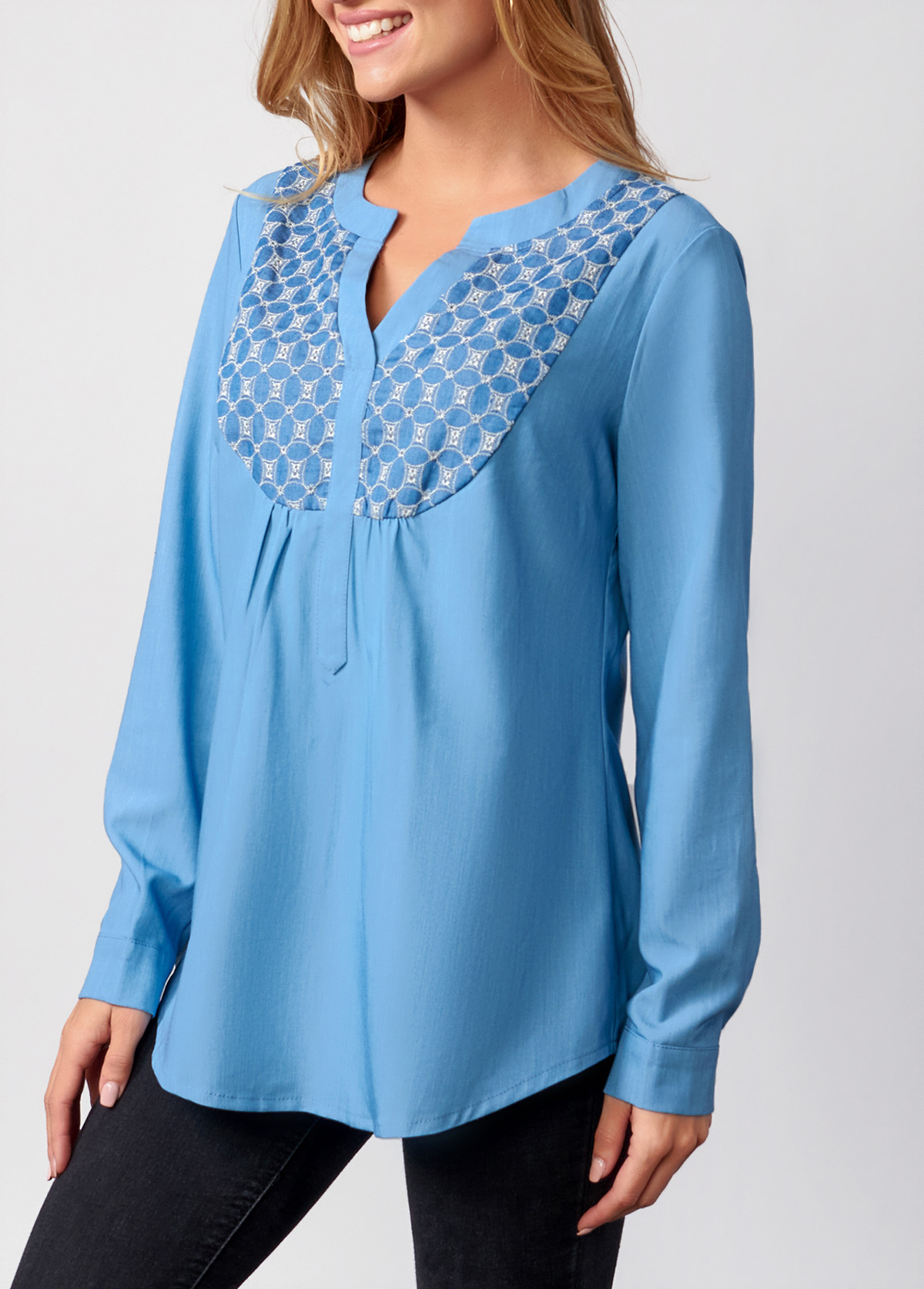 Denim Blue tops,Plain Color tops,ROTITA Split Neck Faux Denim Long Sleeve Blouse