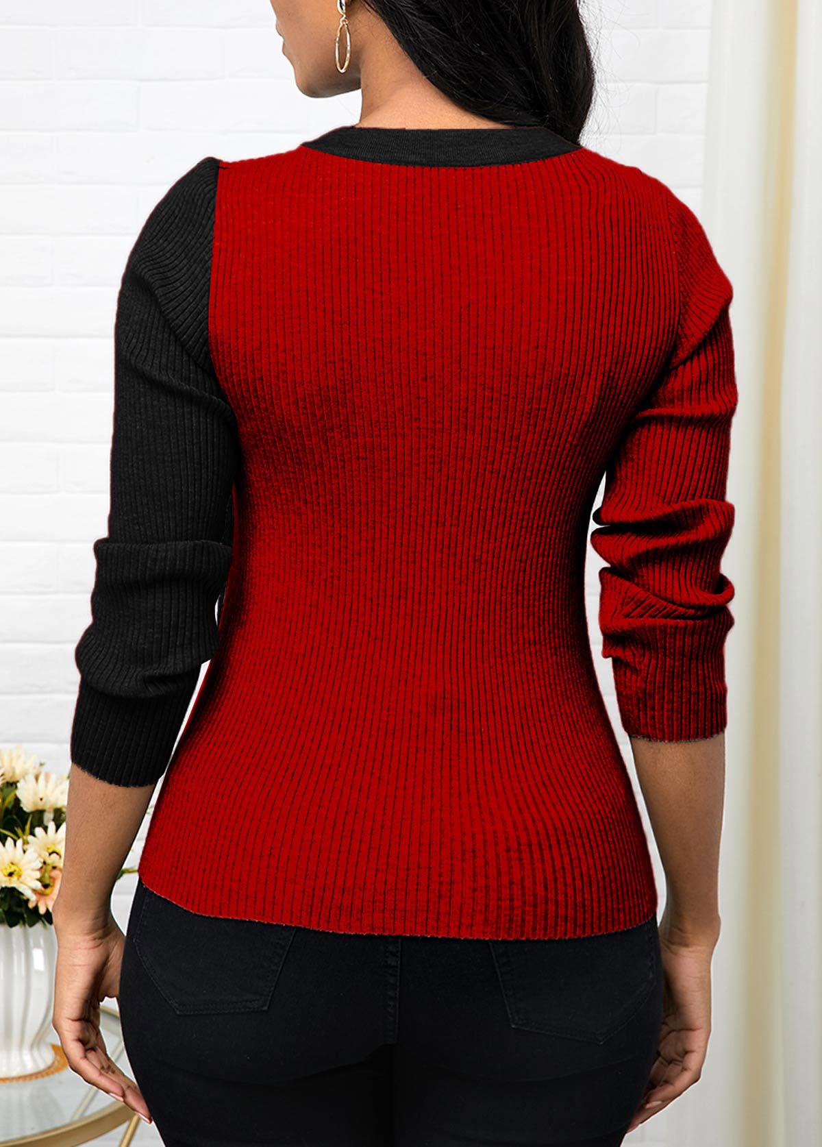 Red tops,Contrast Color tops,ROTITA Patchwork Asymmetrical Neck Long Sleeve Sweater