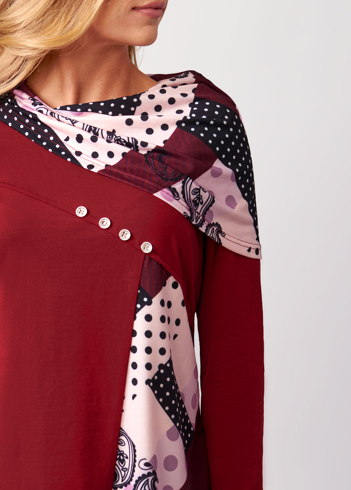 Wine Red tops,Geometric tops,ROTITA Polka Dot Wine Red Decorative Button Valentines T Shirt