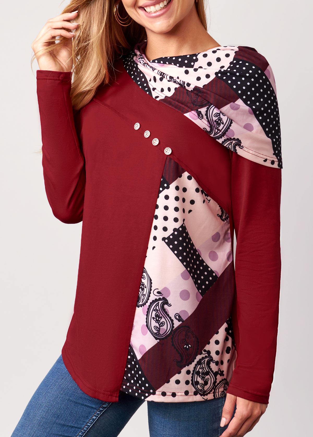 Wine Red tops,Geometric tops,ROTITA Polka Dot Wine Red Decorative Button Valentines T Shirt