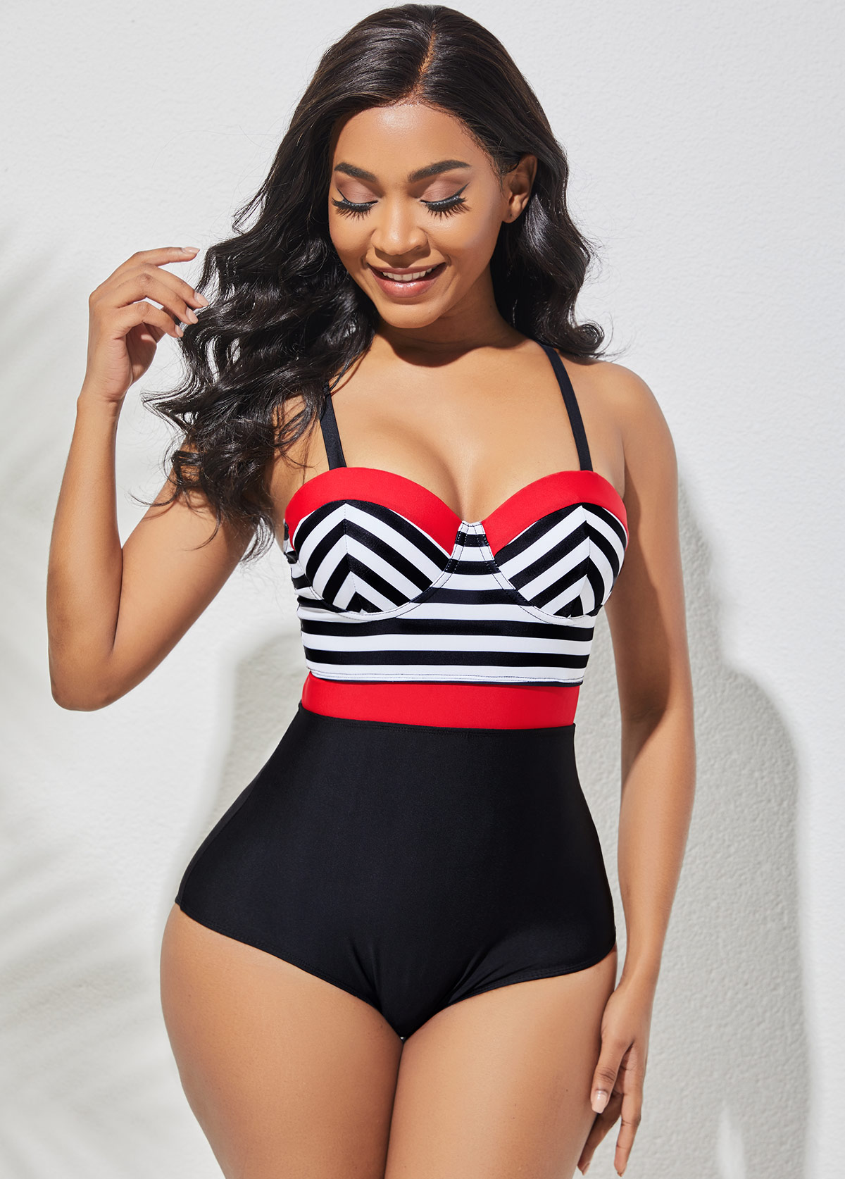 Multi Color swimwear,Striped swimwear,ROTITA Spaghetti Strap Striped One Piece Swimwear
