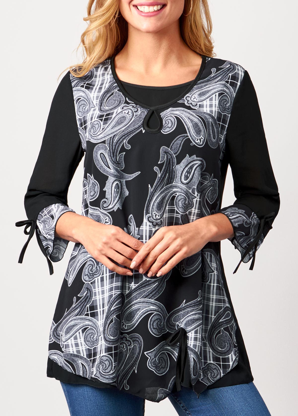 Black tops,Paisley tops,ROTITA Black Paisley Print 3/4 Sleeve Blouse