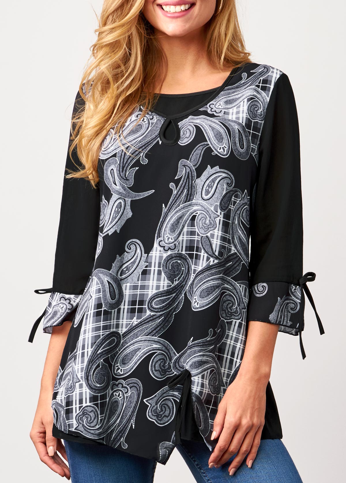Black tops,Paisley tops,ROTITA Black Paisley Print 3/4 Sleeve Blouse