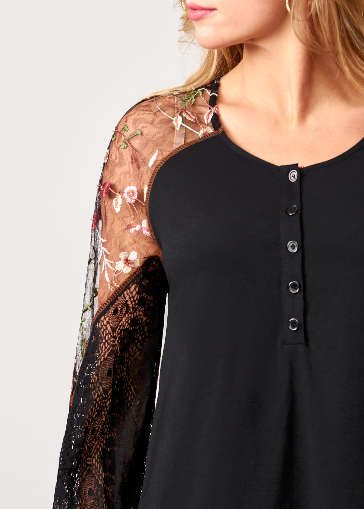 Black tops,Contrast Color tops,ROTITA Black Lace Stitching Long Sleeve Blouse