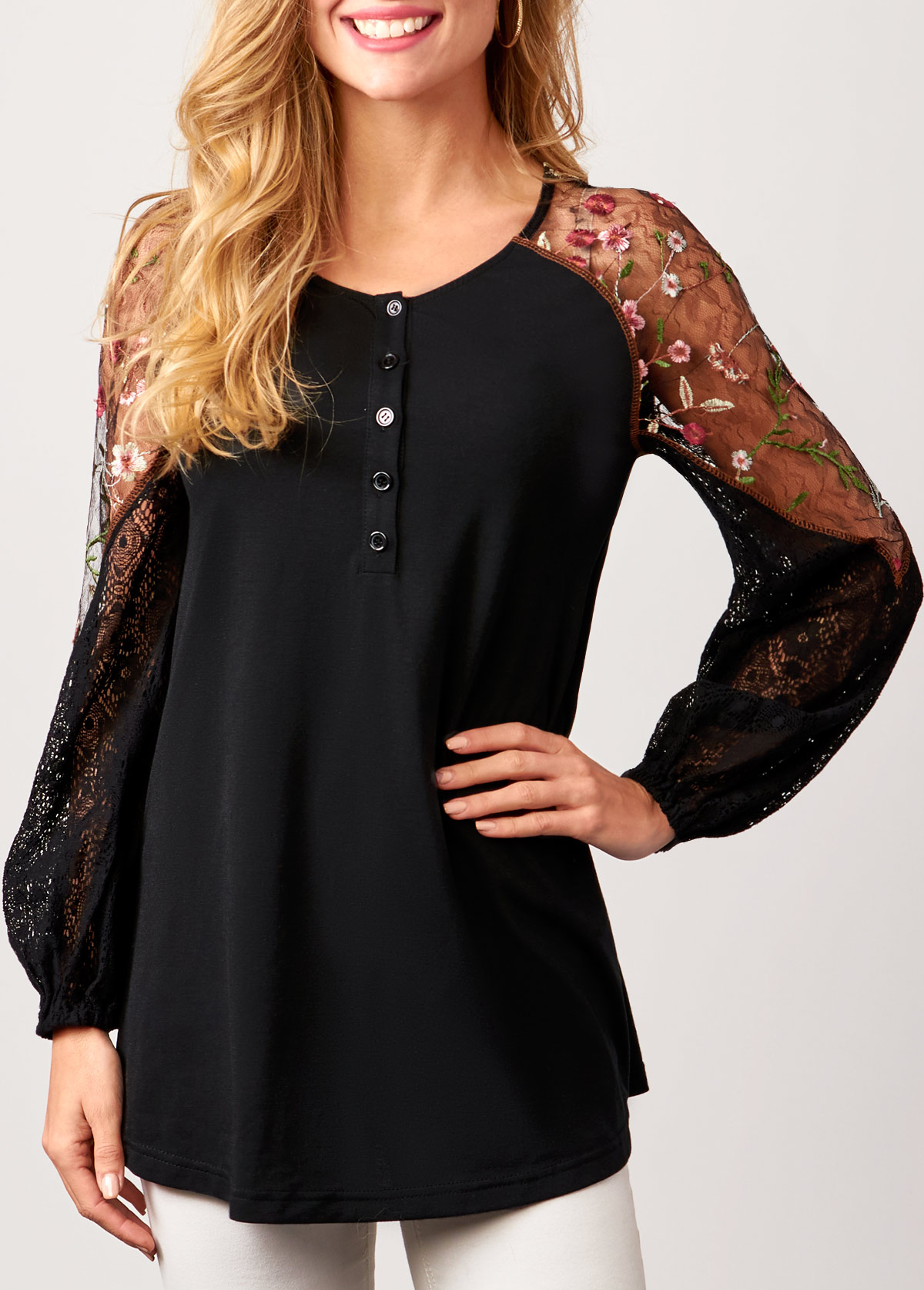 Black tops,Contrast Color tops,ROTITA Black Lace Stitching Long Sleeve Blouse