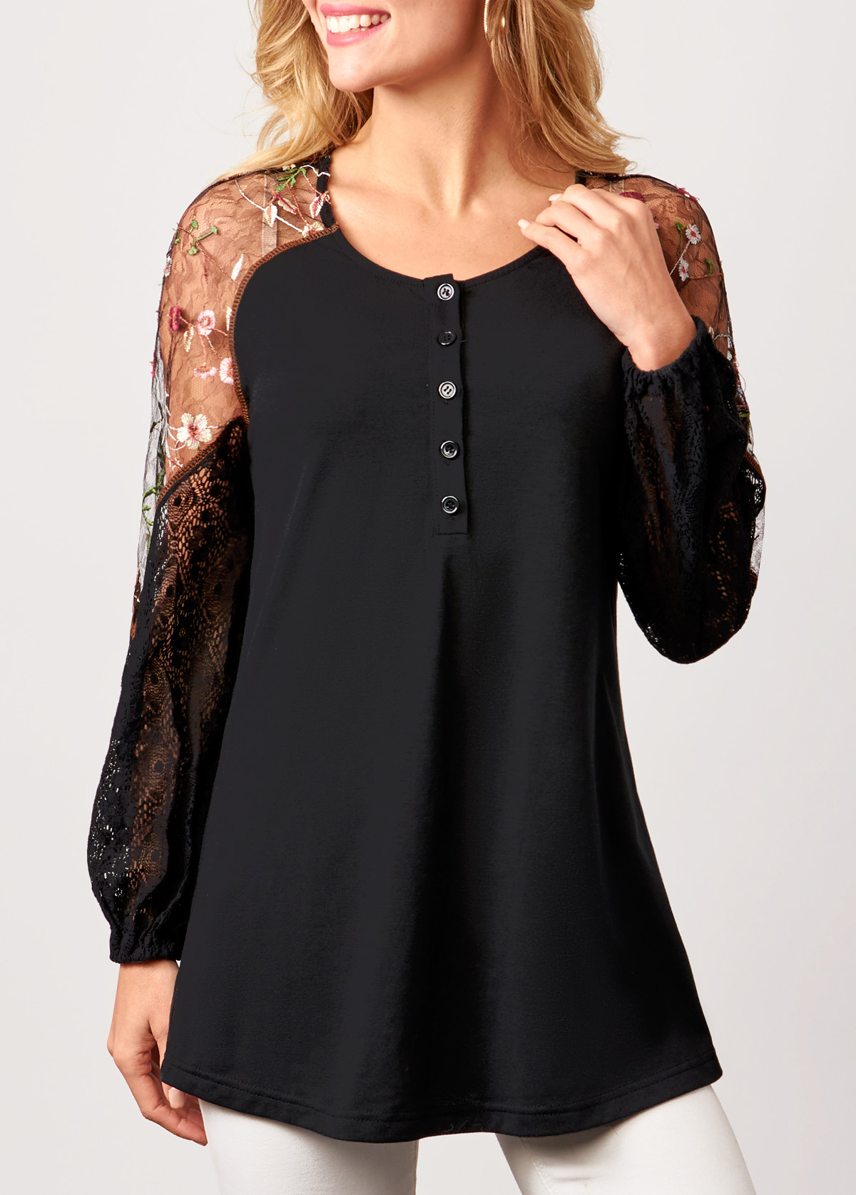 Black tops,Contrast Color tops,ROTITA Black Lace Stitching Long Sleeve Blouse