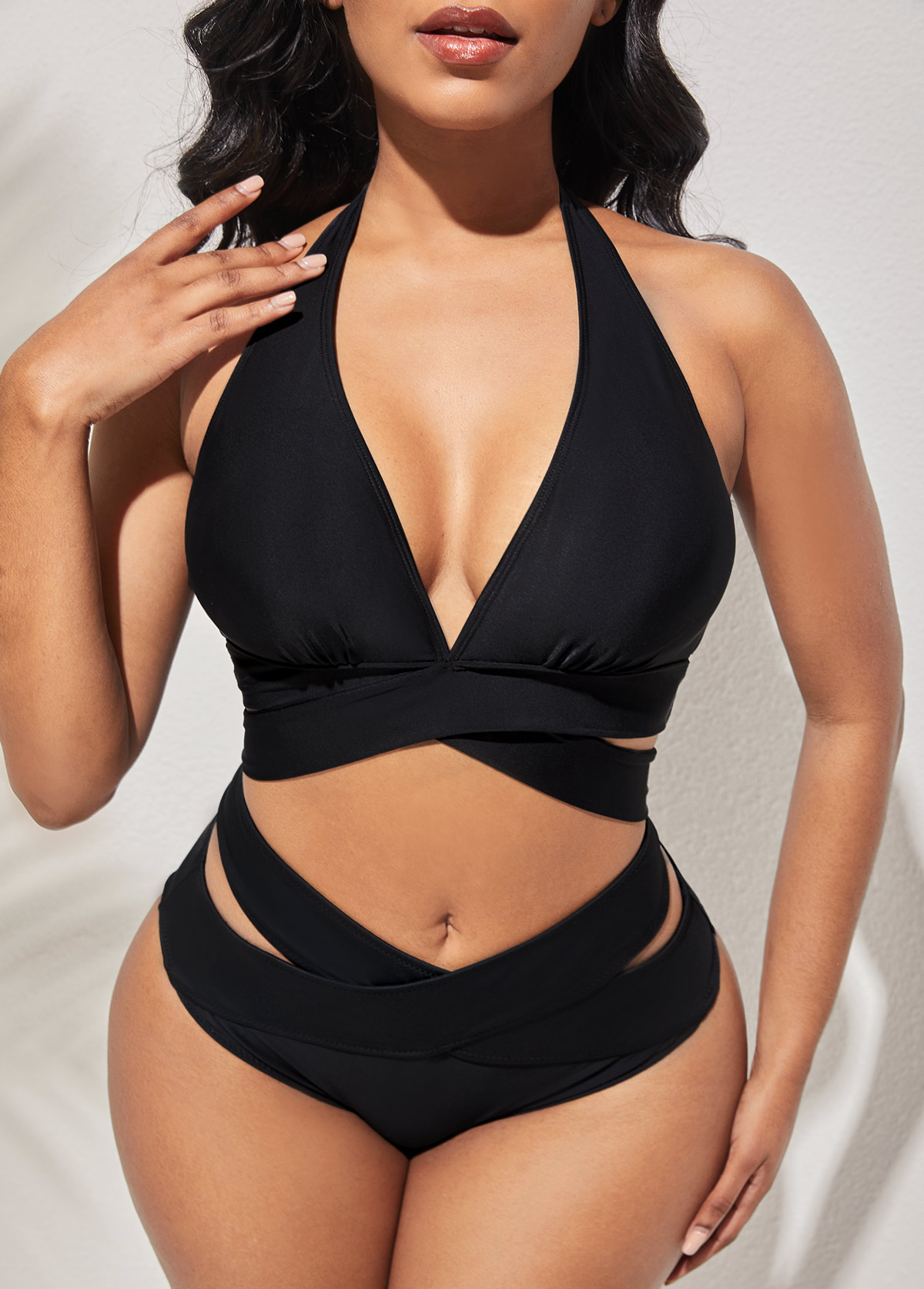 Black swimwear,Plain Color swimwear,ROTITA Halter Cross Strap Black Bikini Set