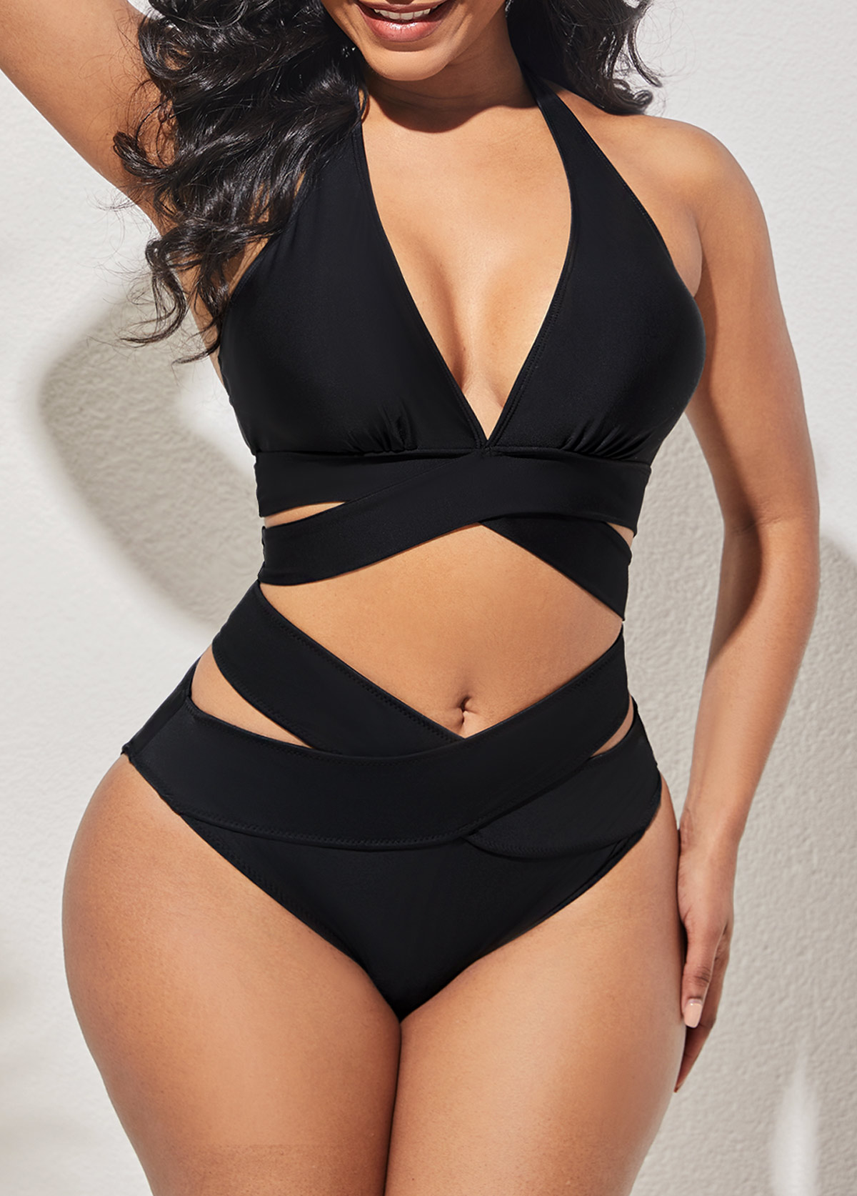 Black swimwear,Plain Color swimwear,ROTITA Halter Cross Strap Black Bikini Set
