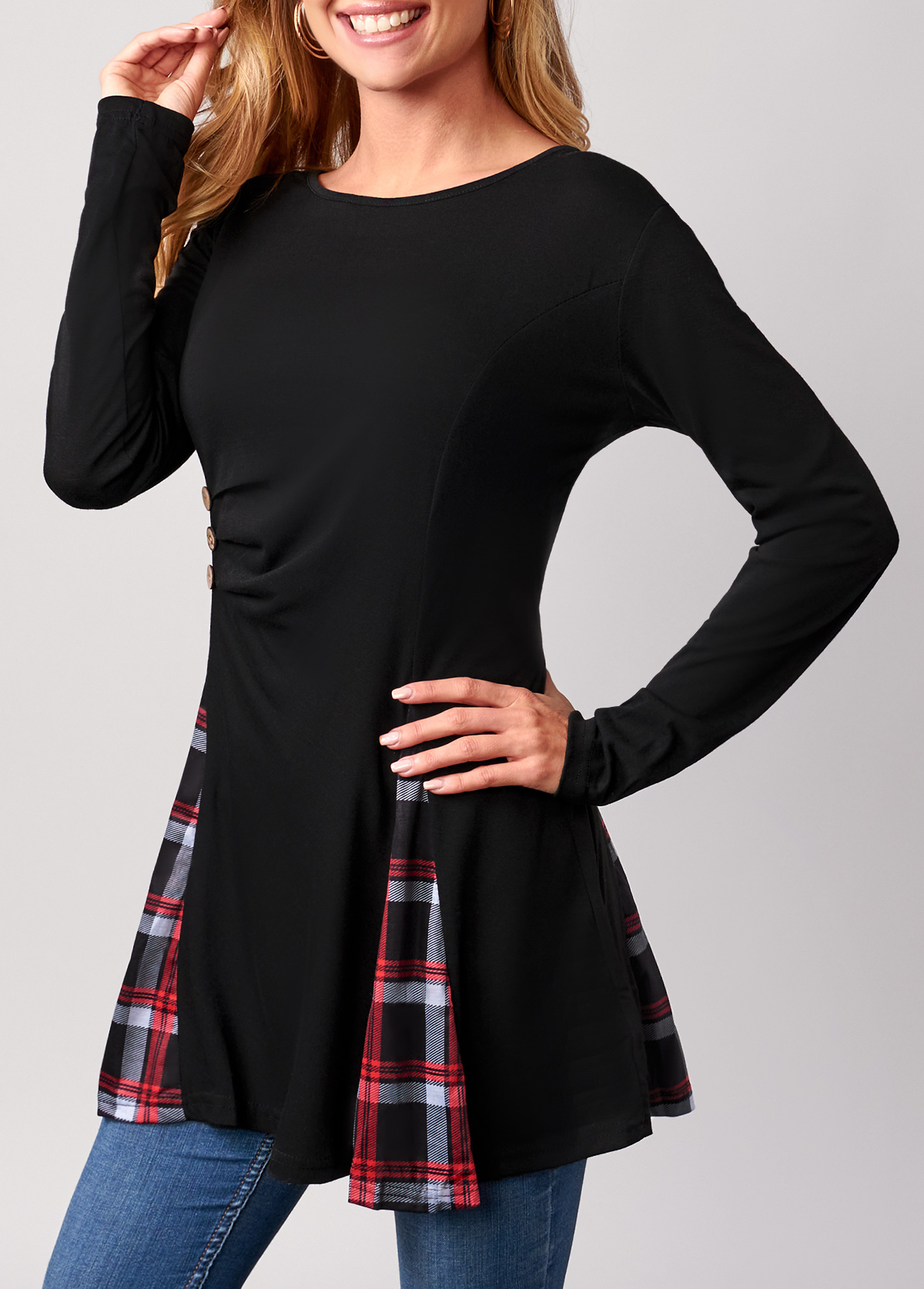 Black tops,Plaid tops,ROTITA Plaid Black Decorative Button T Shirt