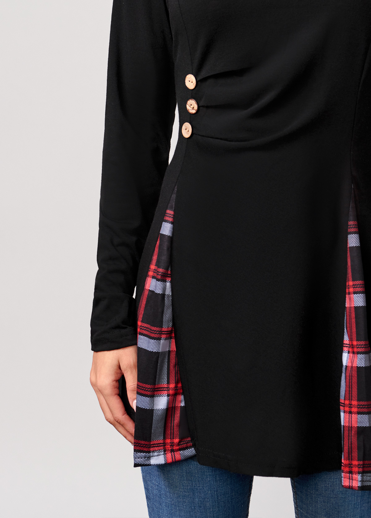 Black tops,Plaid tops,ROTITA Plaid Black Decorative Button T Shirt