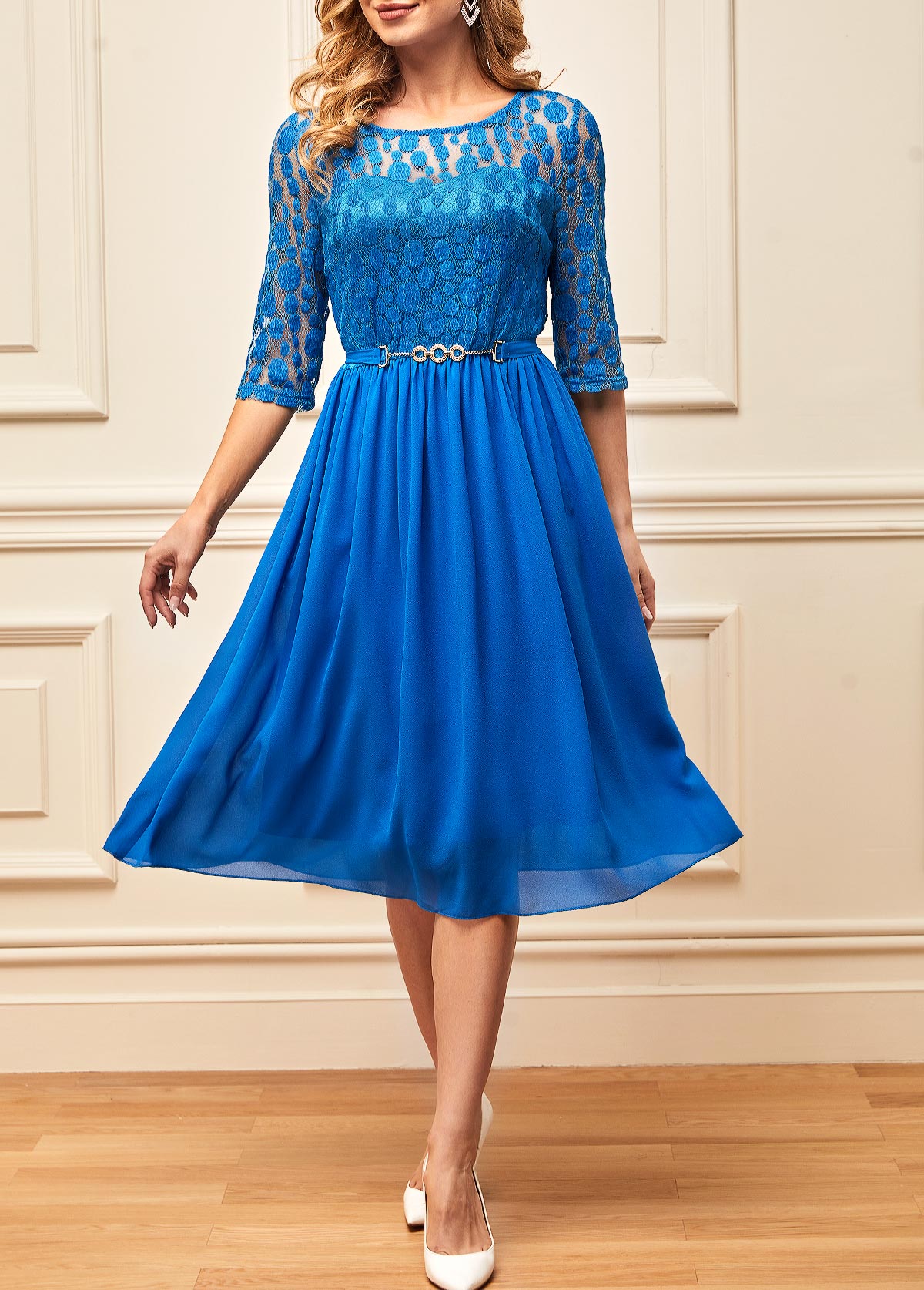 ROTITA Lace Stitching Blue 3/4 Sleeve Round Neck Dress