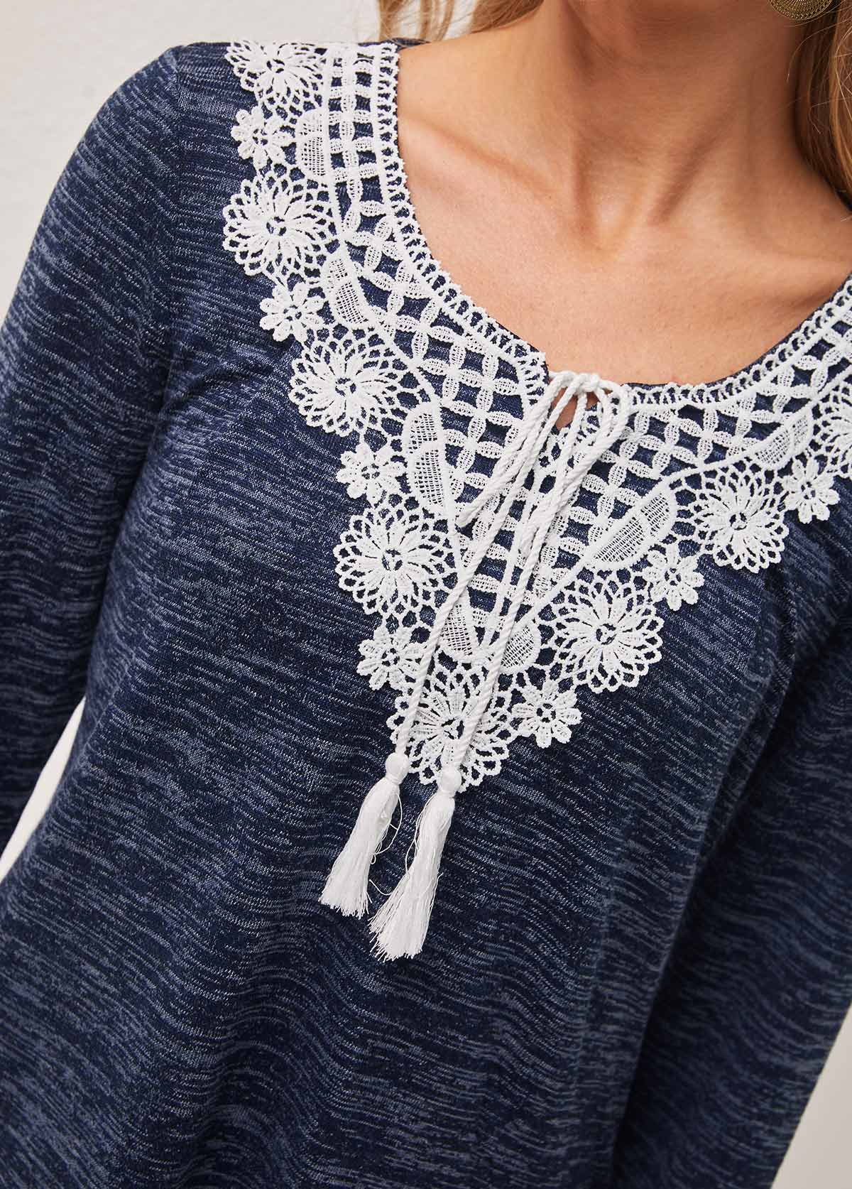 Dusty Blue tops,Contrast Color tops,ROTITA Lace Patchwork Dusty Blue Tie Front T Shirt
