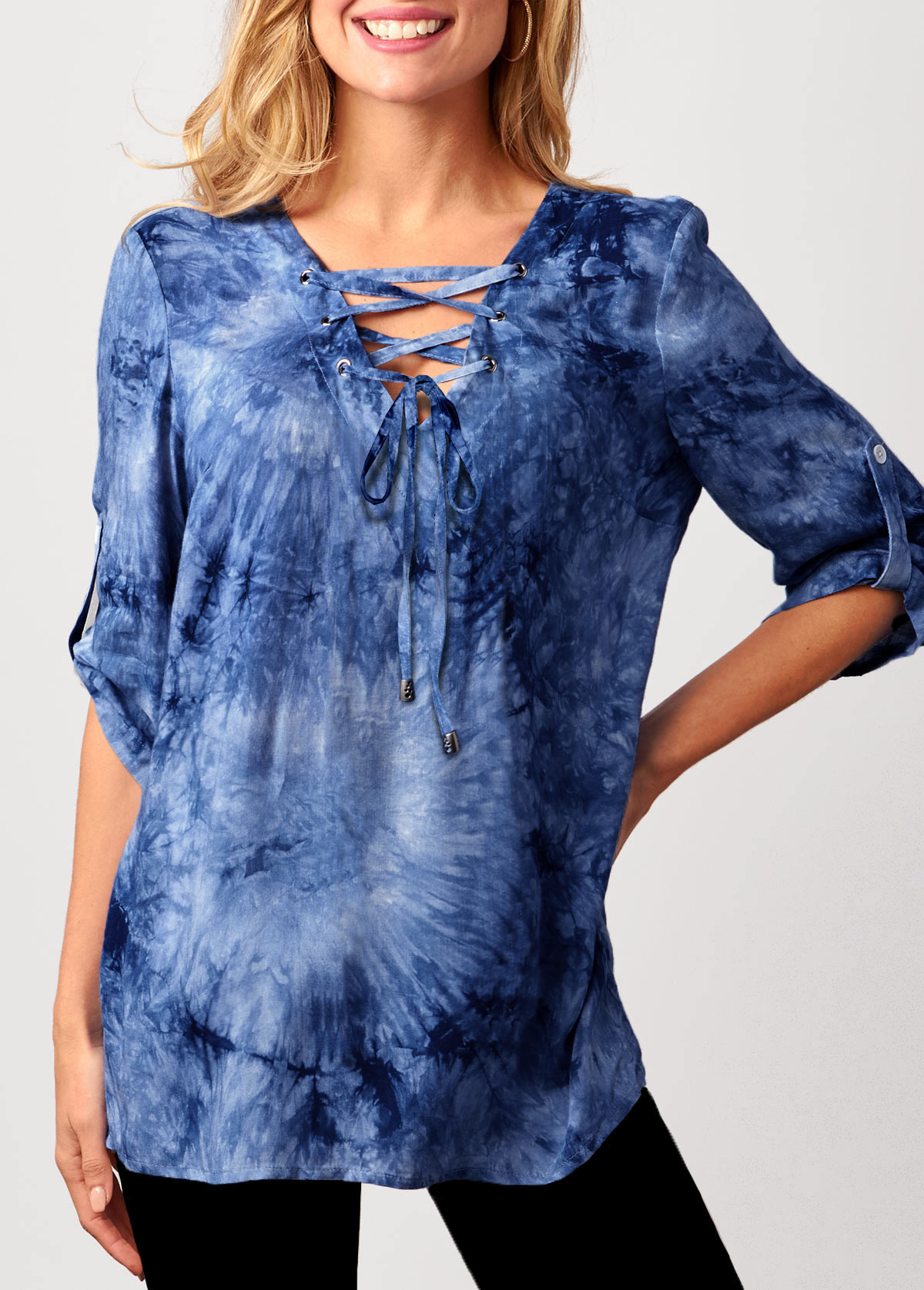 Blue tops,Tie Dye tops,ROTITA Tie Dye Blue Lace Up Blouse