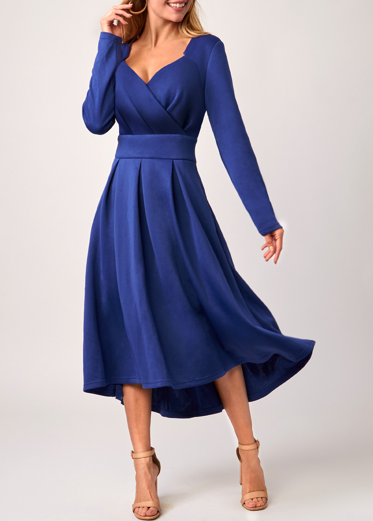 Royal Blue dresses,Plain Color dresses,ROTITA Royal Blue Cross Front Long Sleeve Dress