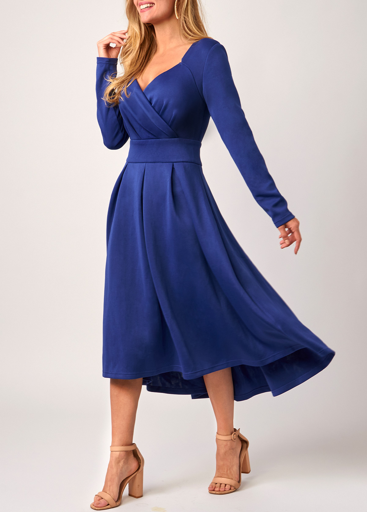 Royal Blue dresses,Plain Color dresses,ROTITA Royal Blue Cross Front Long Sleeve Dress